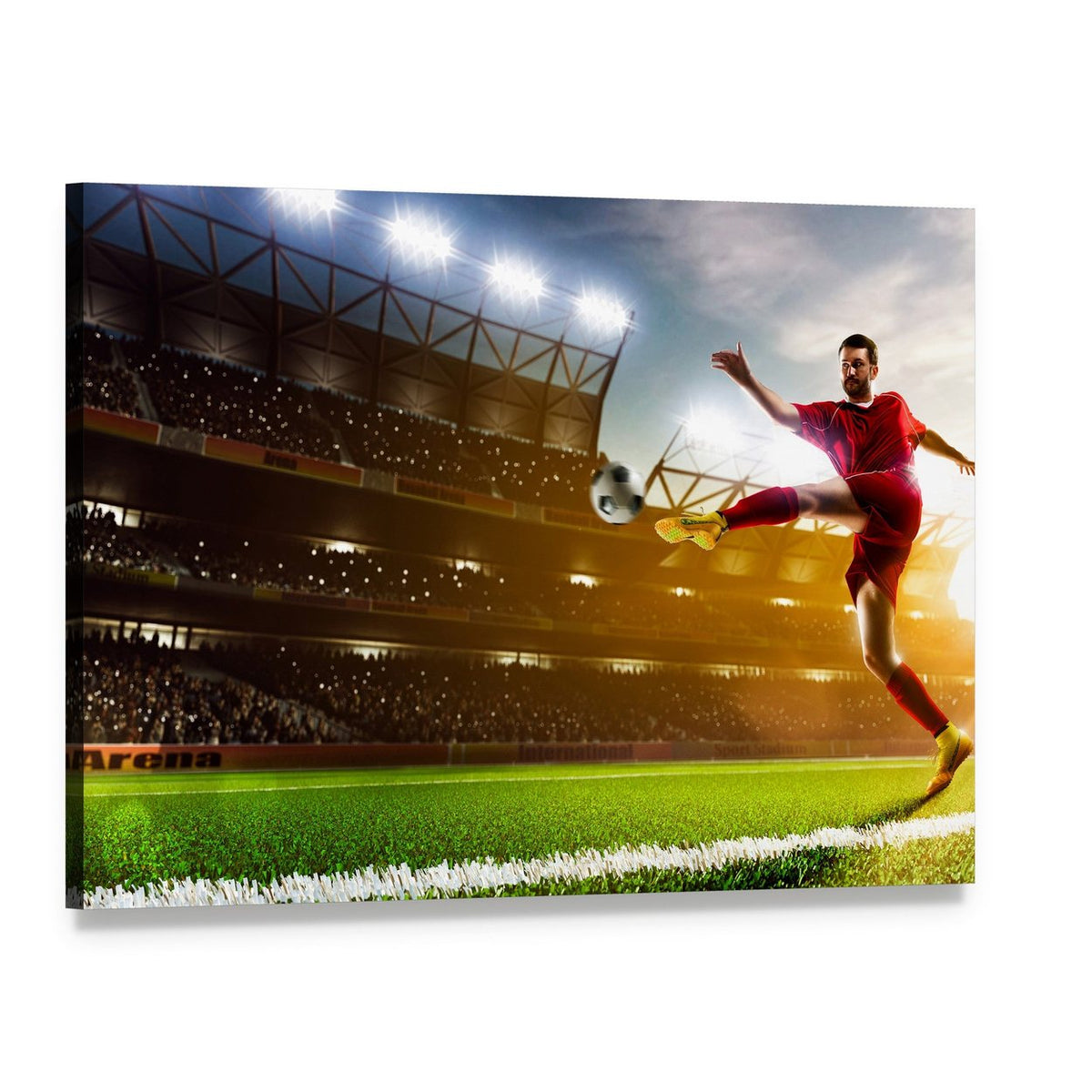 Soccer Player in Stadium Canvas Wall Art, single panel gallery wrapped canvas, angled product view