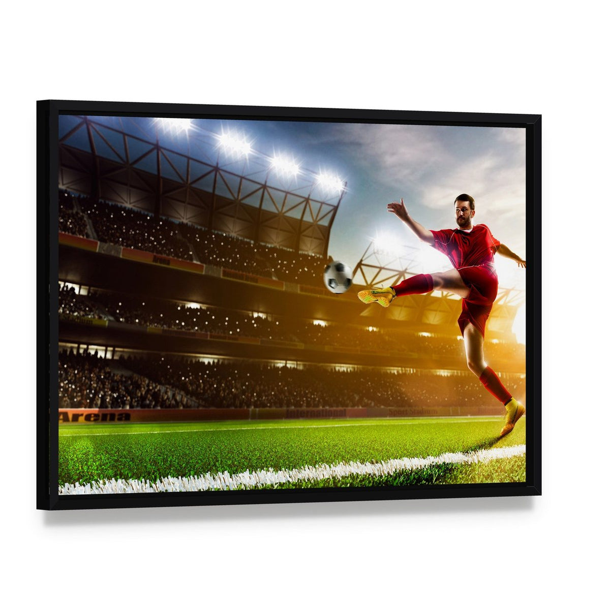 Soccer Player in Stadium Canvas Wall Art, framed canvas in a black floater frame, angled product view