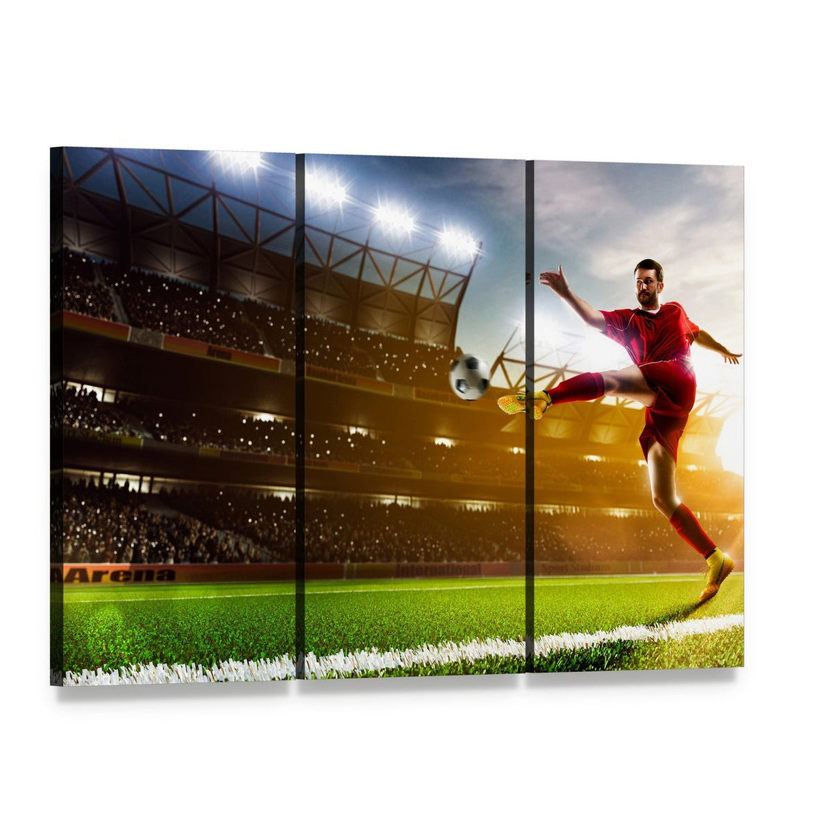 Soccer Player in Stadium Canvas Wall Art, 3 panel 3 Horizontal layout gallery wrapped canvas set, angled product view