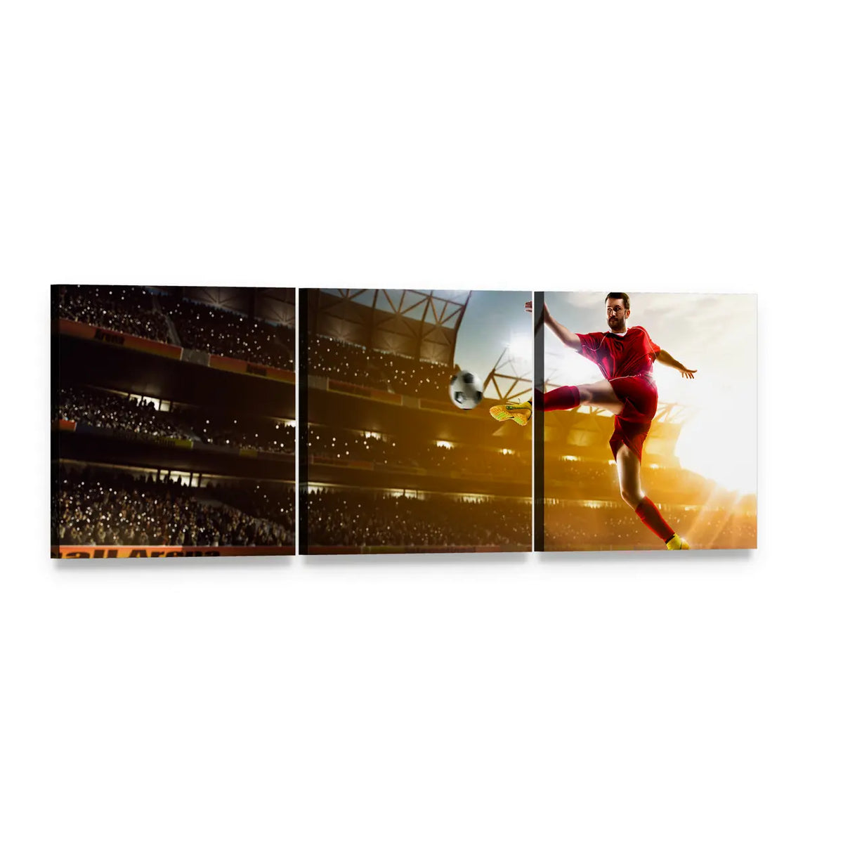 Mid-air Soccer Player in Stadium Panoramic Canvas Wall Art, 3 panel 3 Piece layout gallery wrapped canvas set, angled product view