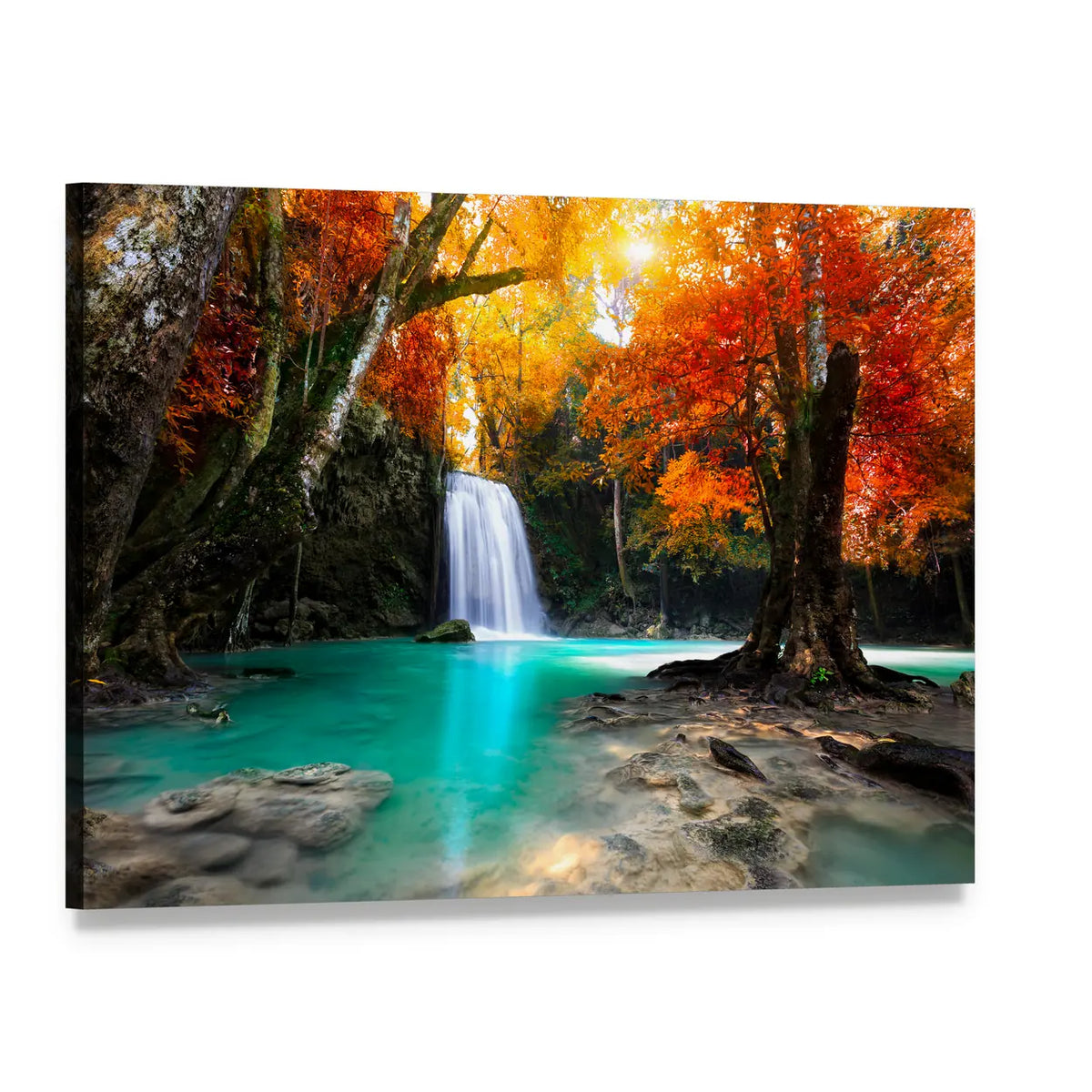 Deep Forest Waterfall with Turquoise Pool Canvas Wall Art, single panel gallery wrapped canvas, angled product view