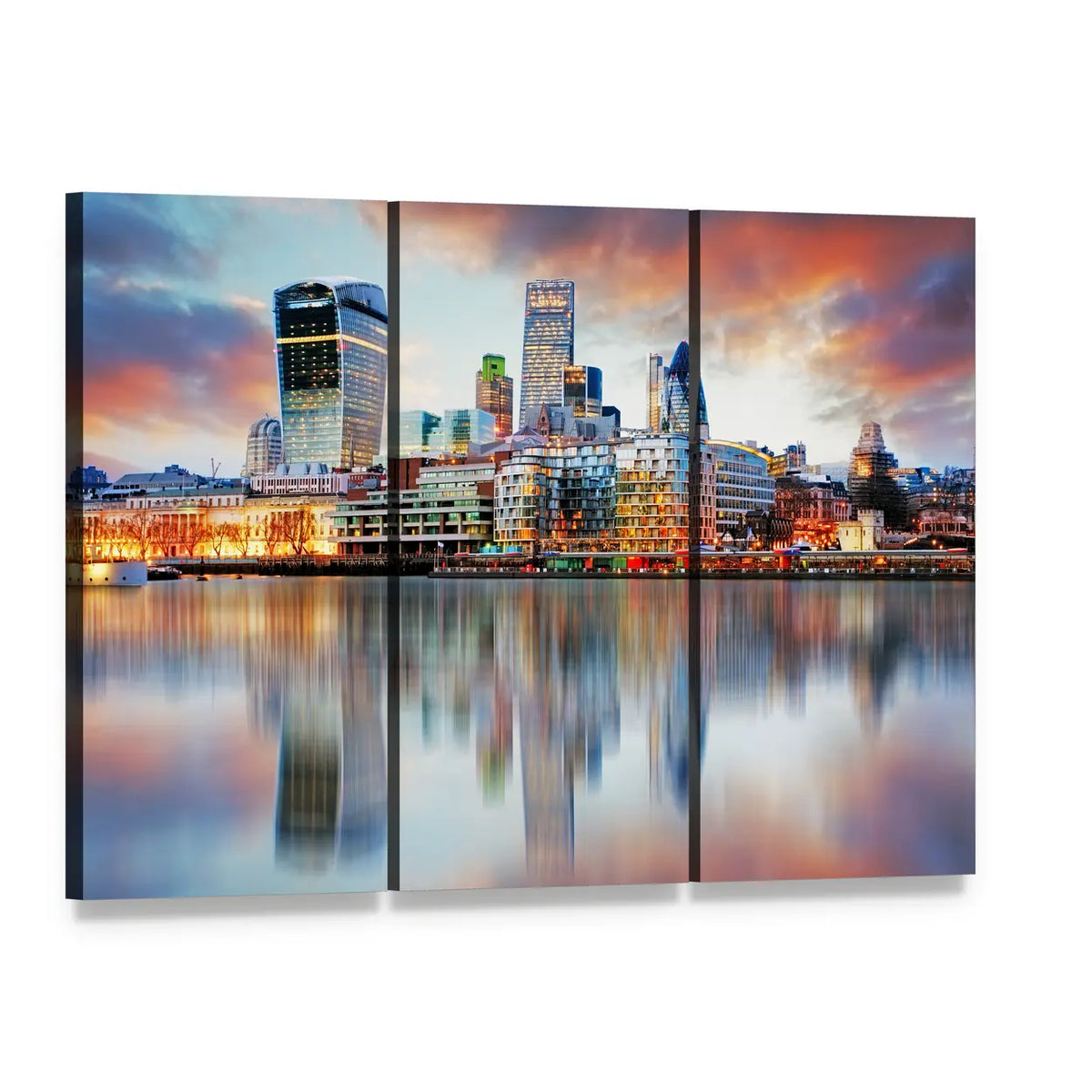 London Skyline at Sunset Canvas Wall Art, 3 panel 3 Horizontal layout gallery wrapped canvas set, angled product view