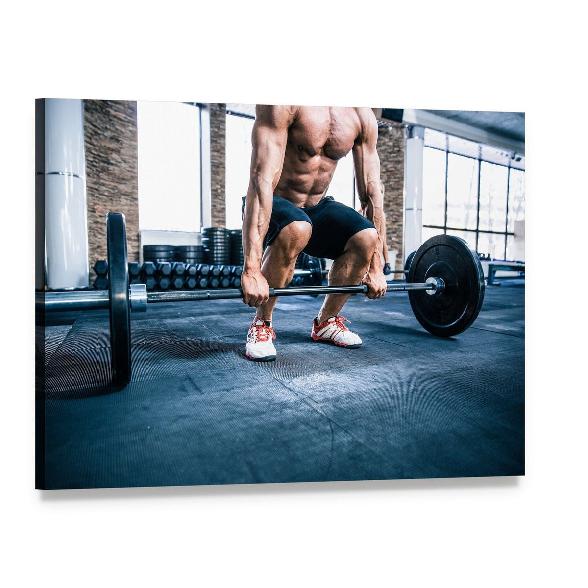 Muscular Man Lifting Weights Canvas Wall Art, single panel gallery wrapped canvas, angled product view