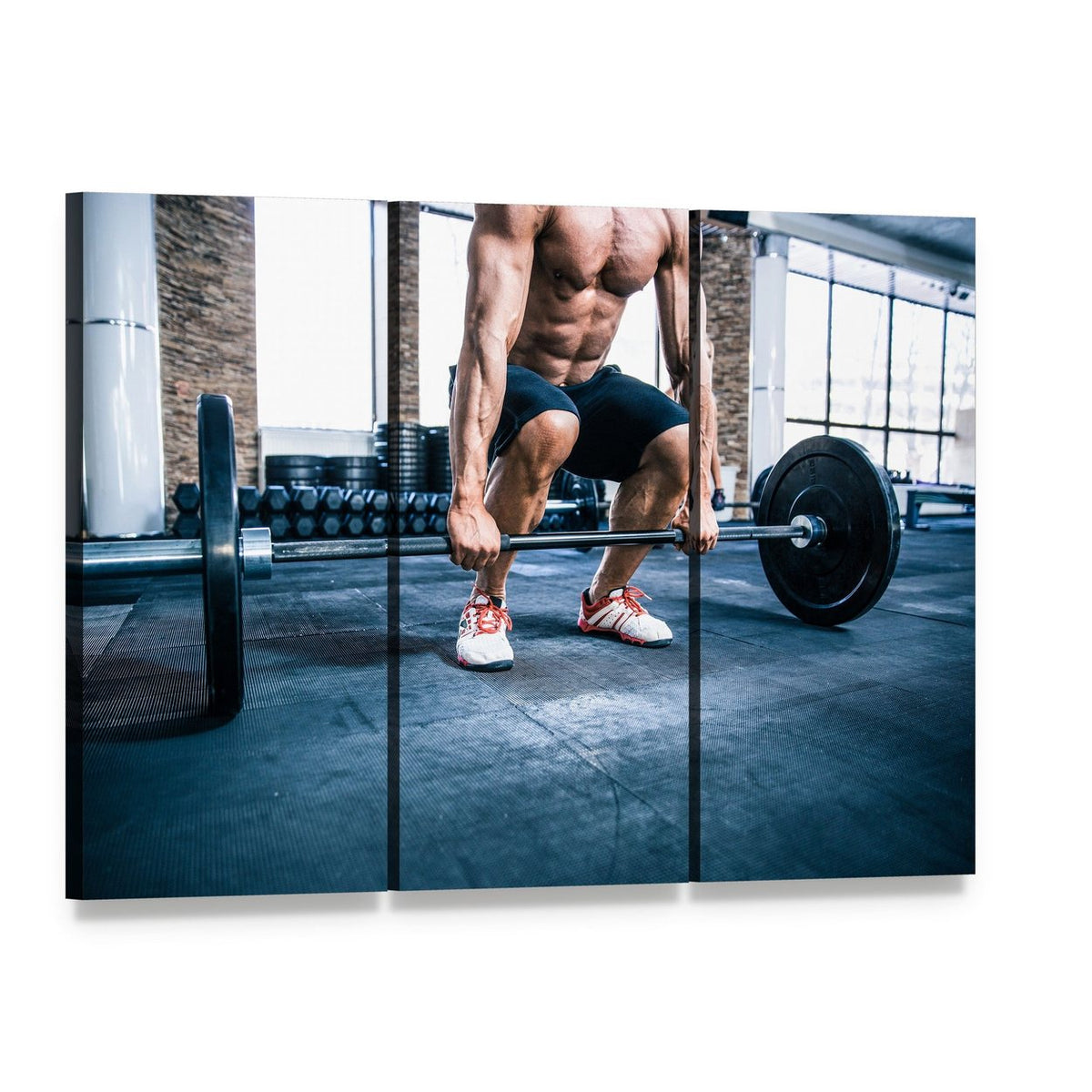 Muscular Man Lifting Weights Canvas Wall Art, 3 panel 3 Horizontal layout gallery wrapped canvas set, angled product view