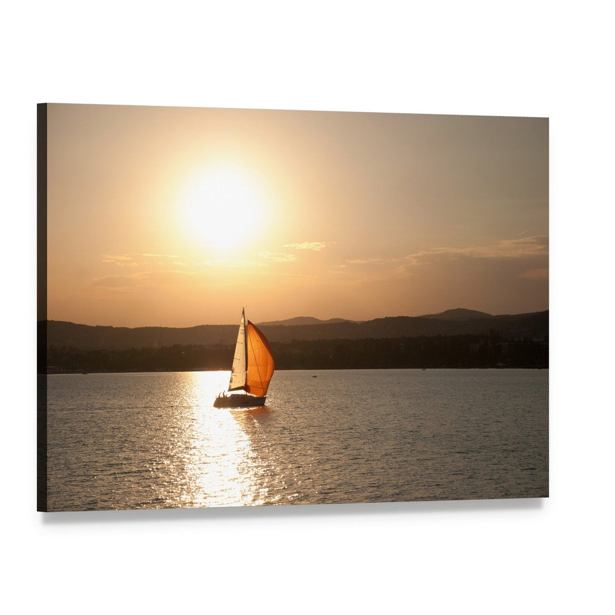 Lake Balaton Sunset with Sailboat Canvas Wall Art, single panel gallery wrapped canvas, angled product view