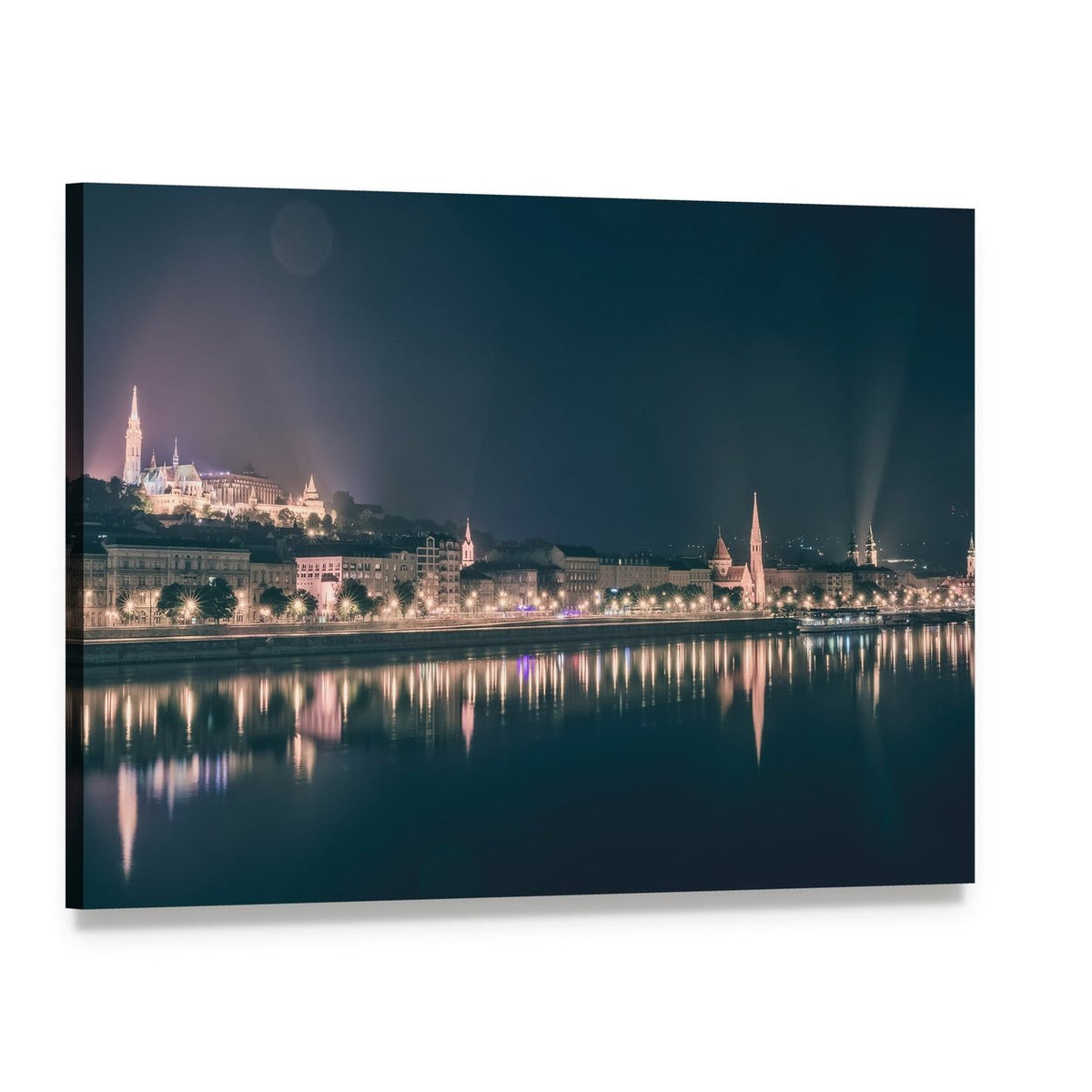 Budapest River View at Night Canvas Wall Art, single panel gallery wrapped canvas, angled product view