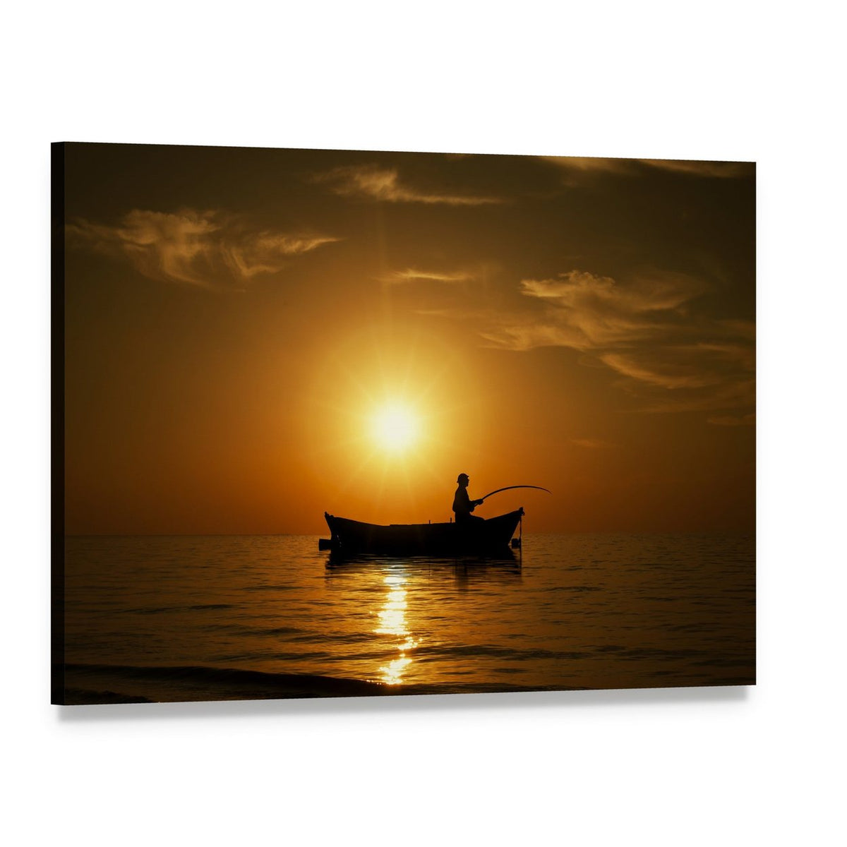 Fisherman Silhouette at Sunset Canvas Wall Art, single panel gallery wrapped canvas, angled product view