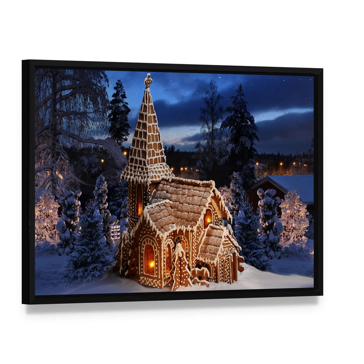 Gingerbread Church on Christmas Night Canvas Wall Art, framed canvas in a black floater frame, angled product view