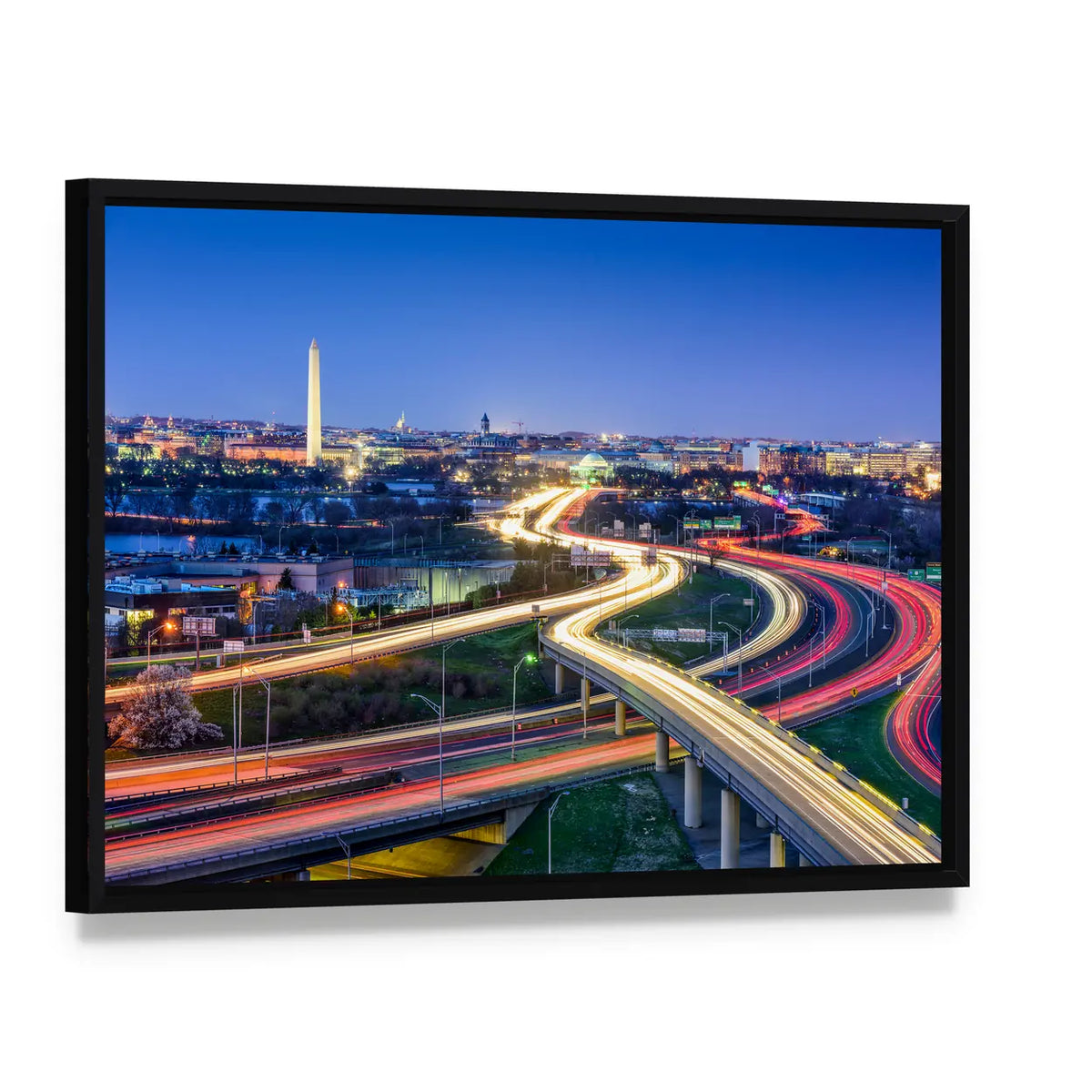 Washington D.c. Skyline with Highways Canvas Wall Art, framed canvas in a black floater frame, angled product view