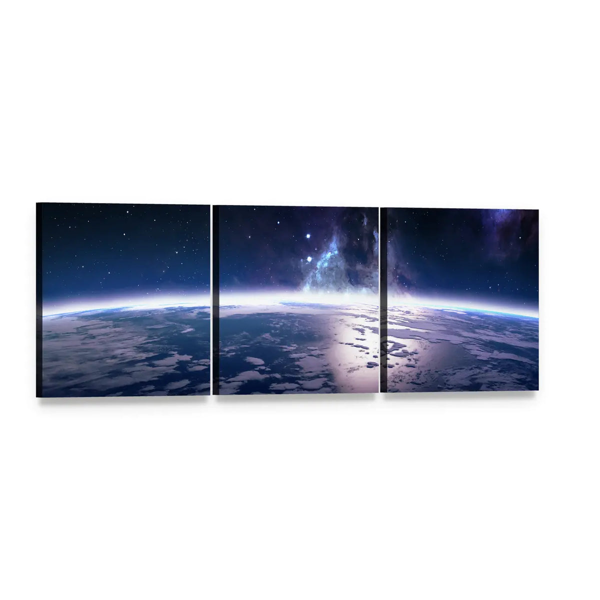 View of Earth from Space Panoramic Canvas Wall Art, 3 panel 3 Piece layout gallery wrapped canvas set, angled product view