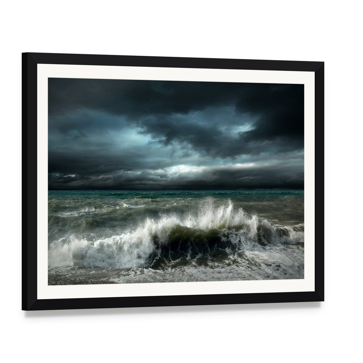 Storm Seascape Canvas Wall Art, framed print with white mat and black frame, angled product view
