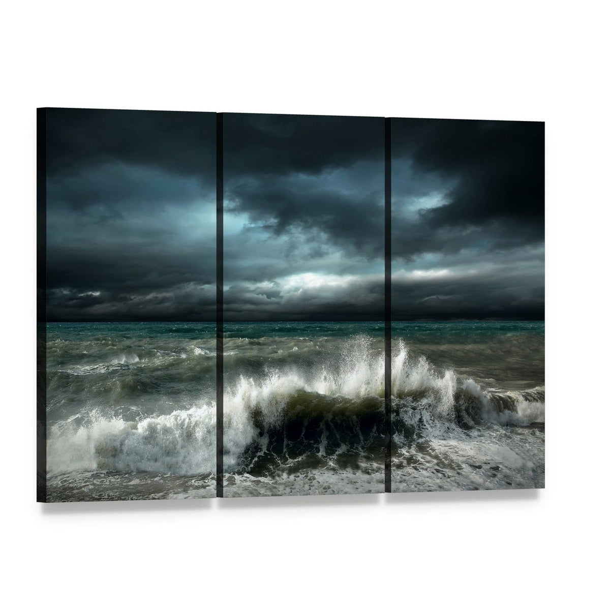 Storm Seascape Canvas Wall Art, 3 panel 3 Horizontal layout gallery wrapped canvas set, angled product view
