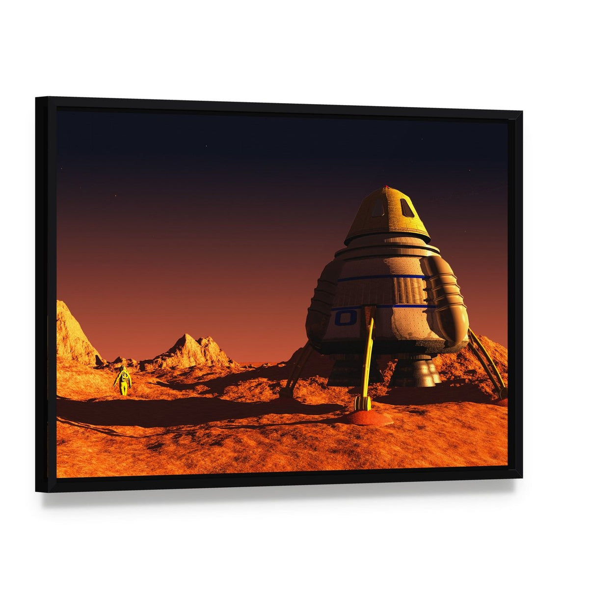 Astronaut Exploring Mars Landscape Canvas Wall Art, framed canvas in a black floater frame, angled product view