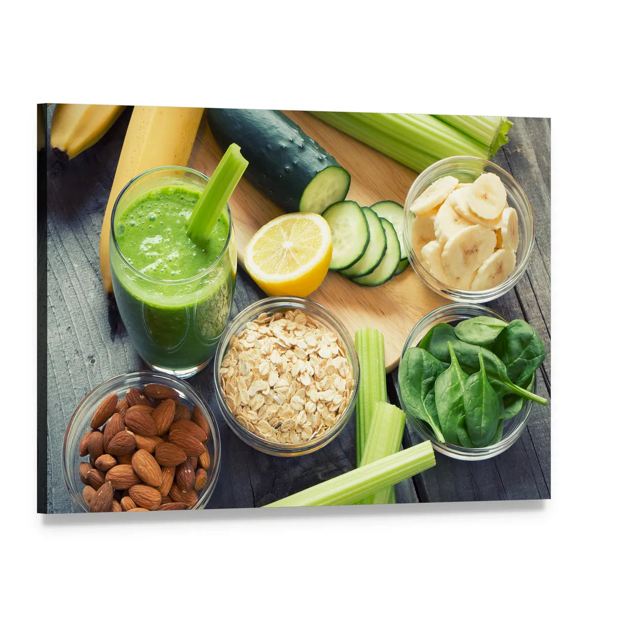Green Smoothie with Fruits and Vegetables Canvas Wall Art, single panel gallery wrapped canvas, angled product view