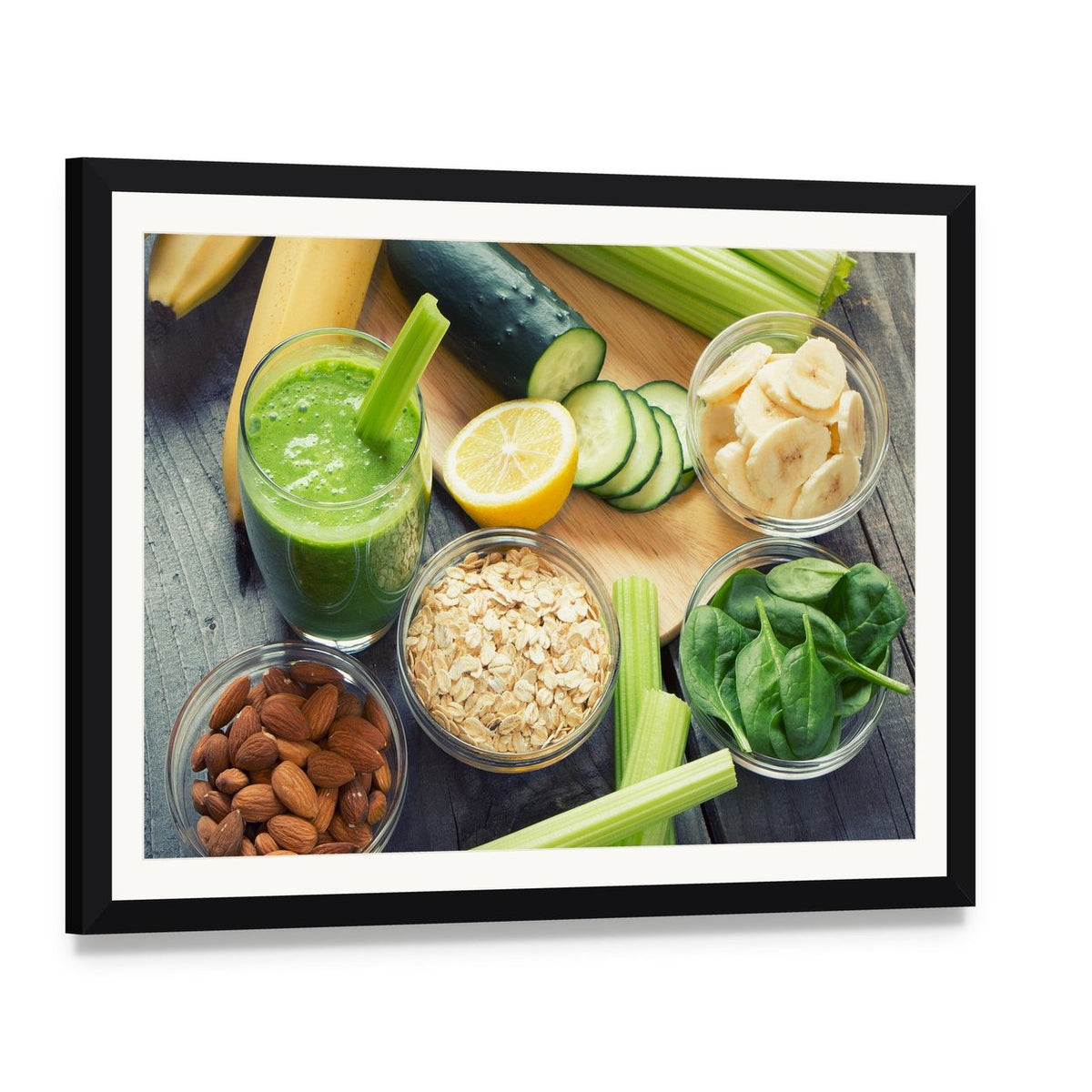 Smoothie with Fresh Fruits and Vegetables Canvas Wall Art, framed print with white mat and black frame, angled product view