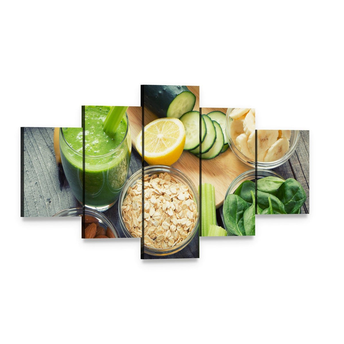 Smoothie with Fresh Fruits and Vegetables Canvas Wall Art, 5 panel 5 Star layout gallery wrapped canvas set, angled product view