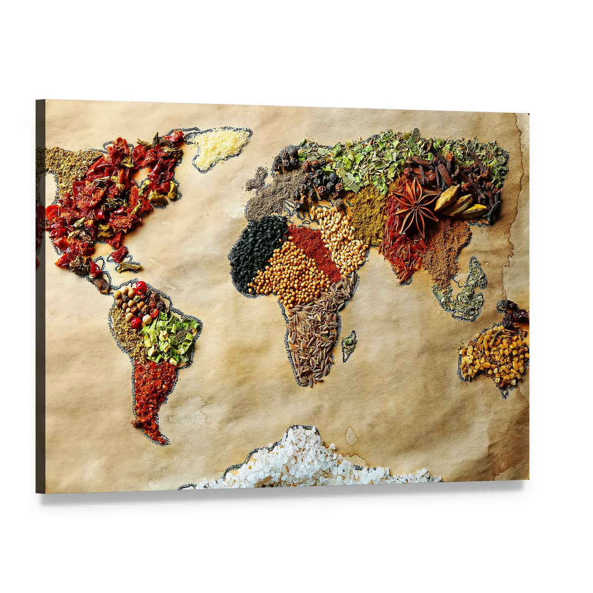 World Map Made of Spices Canvas Wall Art, single panel gallery wrapped canvas, angled product view