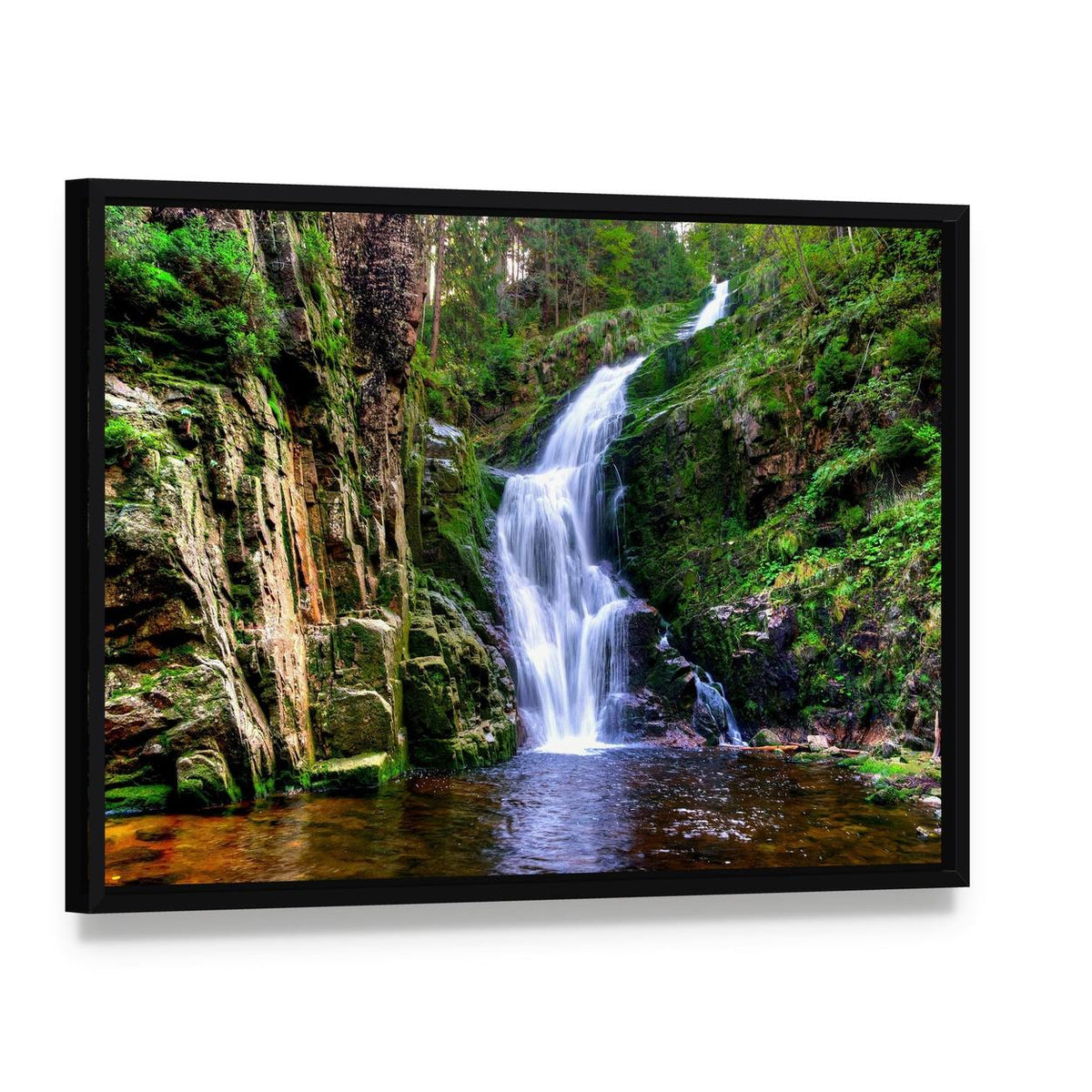Kamienczyk Waterfall Canvas Wall Art, framed canvas in a black floater frame, angled product view