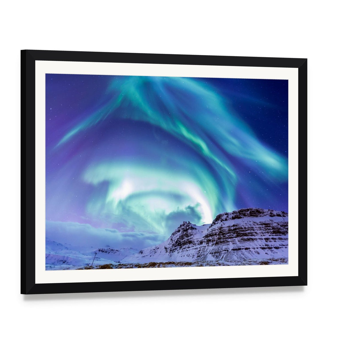Aurora Over Kirkjufell Canvas Wall Art, framed print with white mat and black frame, angled product view