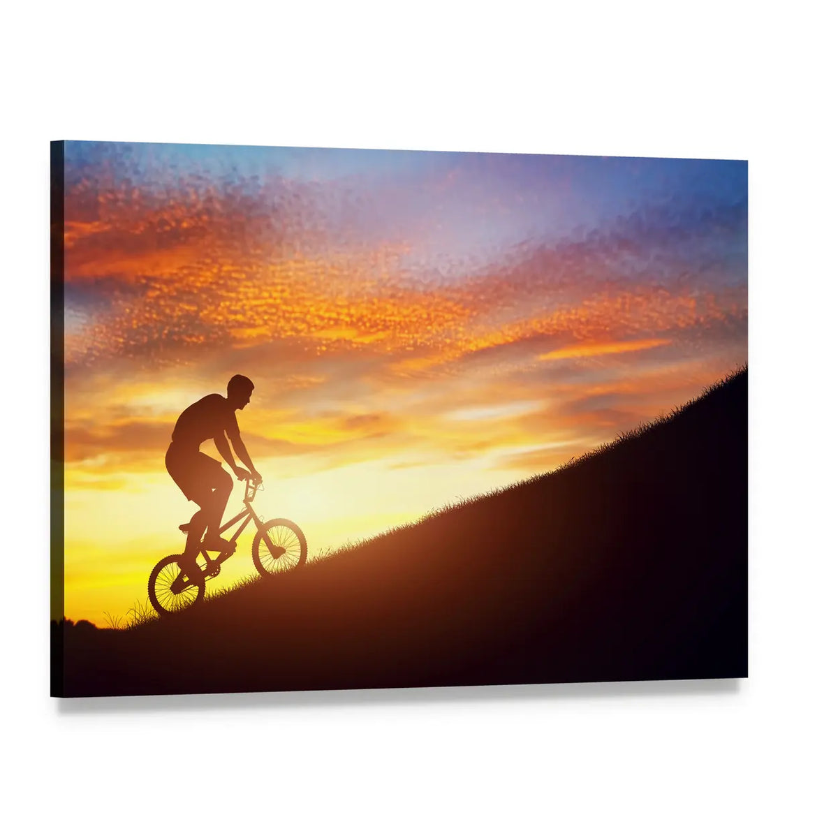 Bmx Rider Silhouette at Sunset Canvas Wall Art, single panel gallery wrapped canvas, angled product view