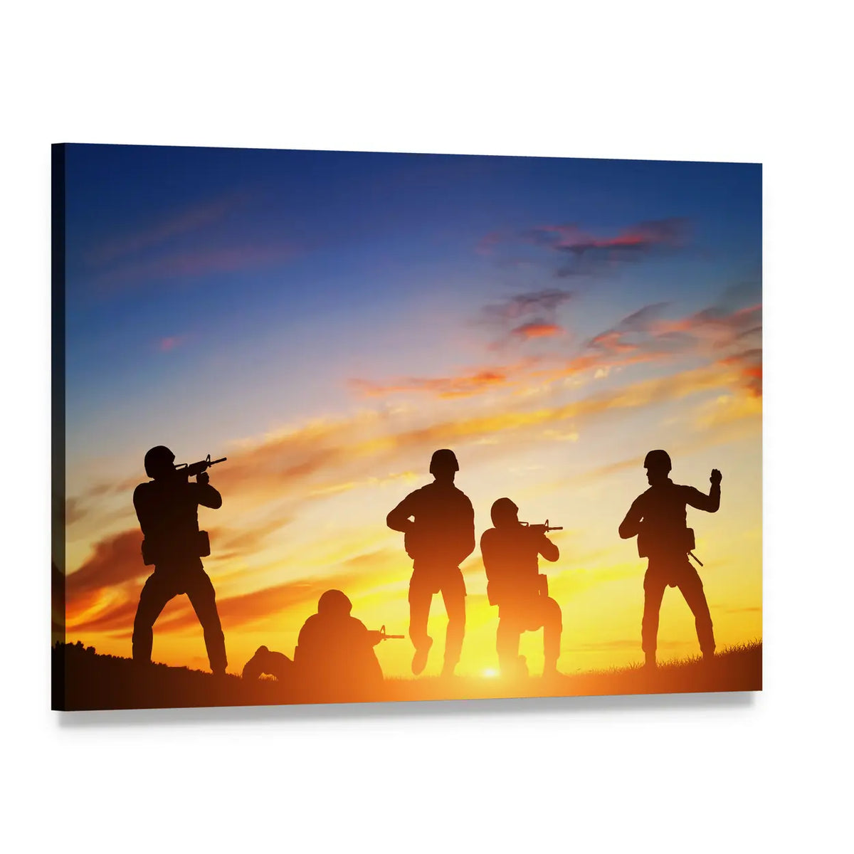 Soldiers with Rifles at Sunset Canvas Wall Art, single panel gallery wrapped canvas, angled product view