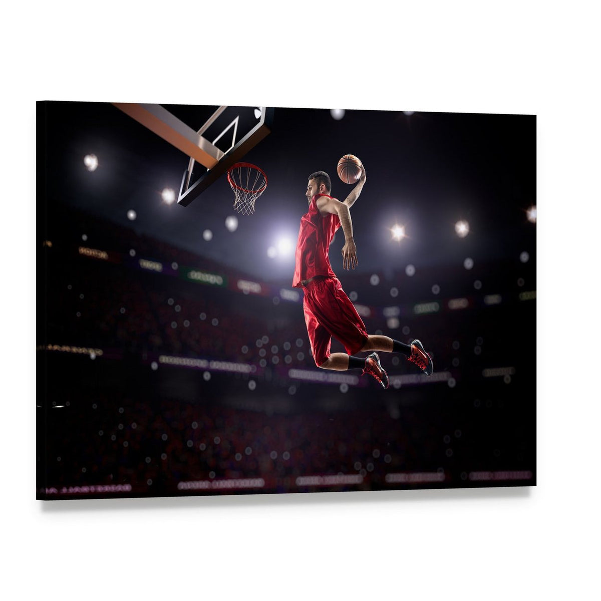 Red Basketball Player Mid-air Dunk Canvas Wall Art, single panel gallery wrapped canvas, angled product view