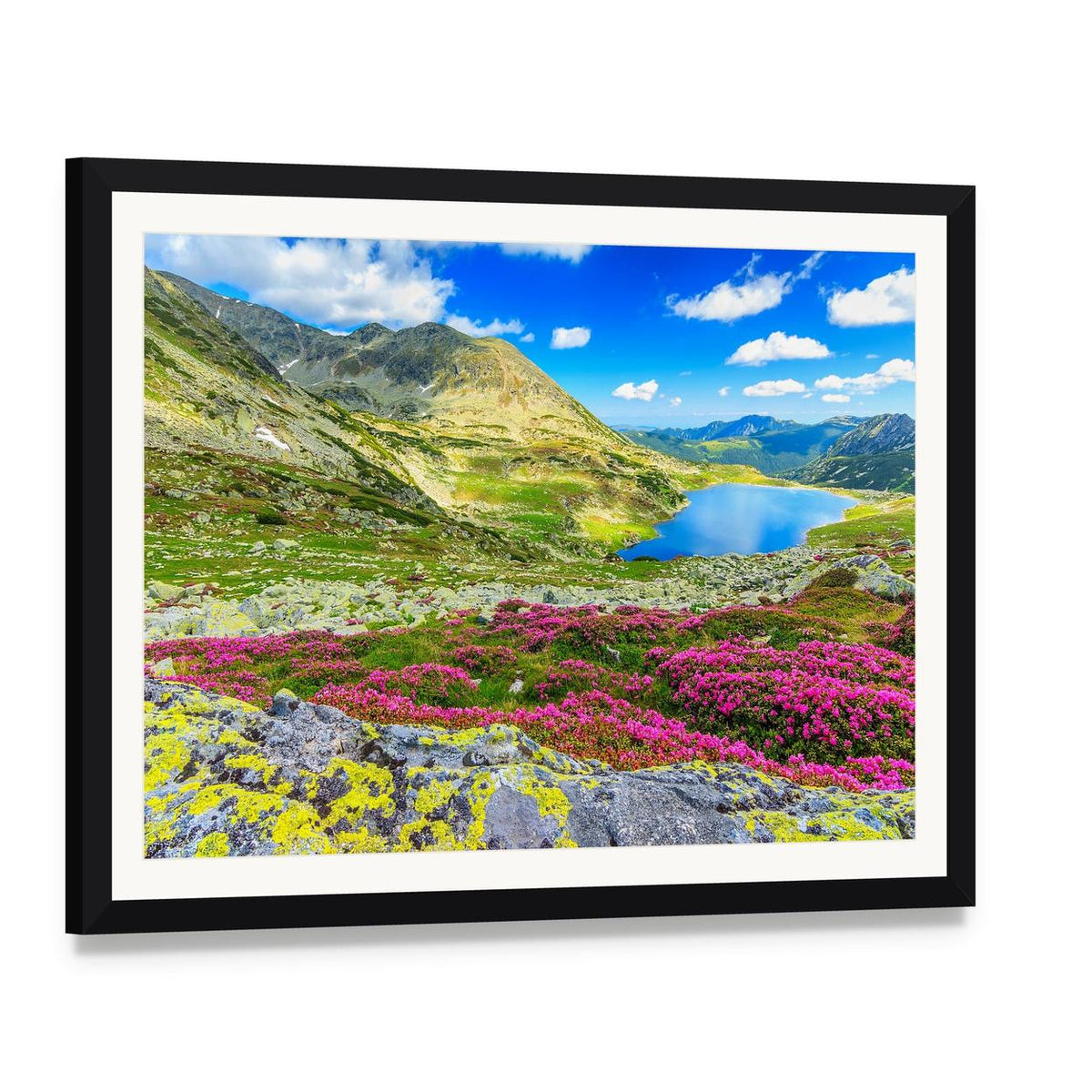 Glacier Lake with Wildflowers Canvas Wall Art, framed print with white mat and black frame, angled product view