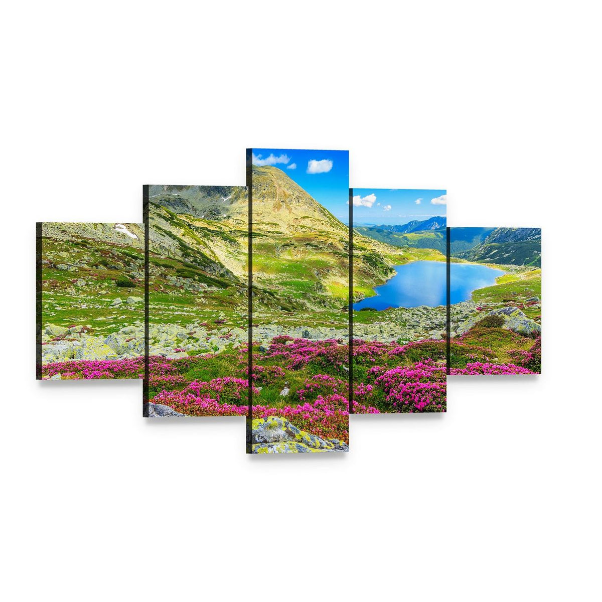 Glacier Lake with Wildflowers Canvas Wall Art, 5 panel 5 Star layout gallery wrapped canvas set, angled product view