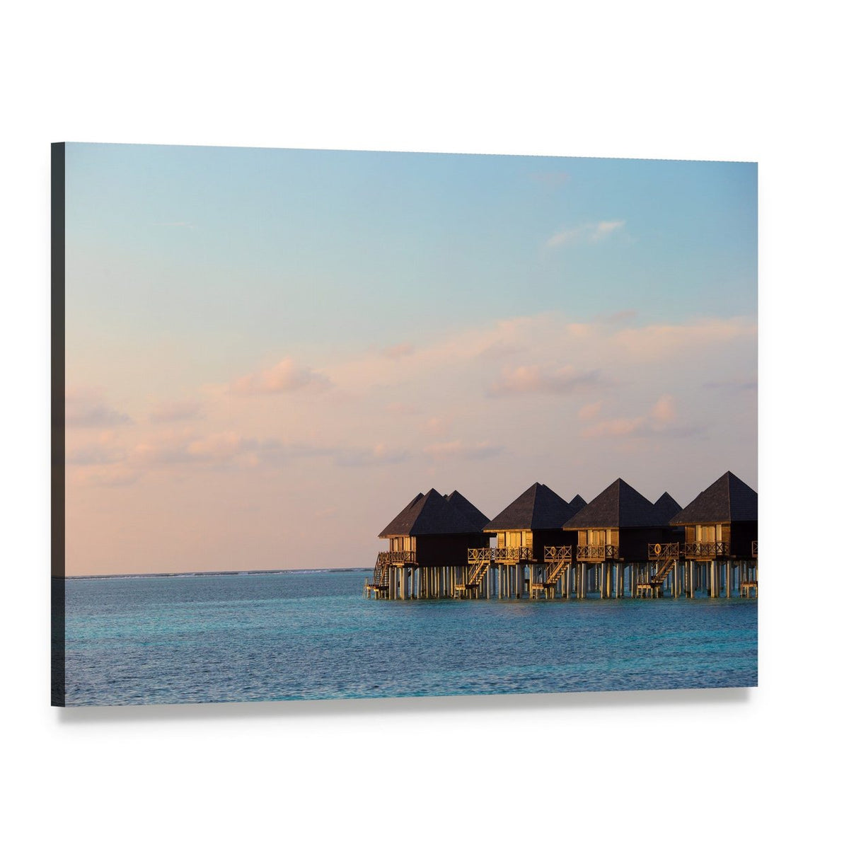Tropical Overwater Bungalows at Sunset Canvas Wall Art, single panel gallery wrapped canvas, angled product view