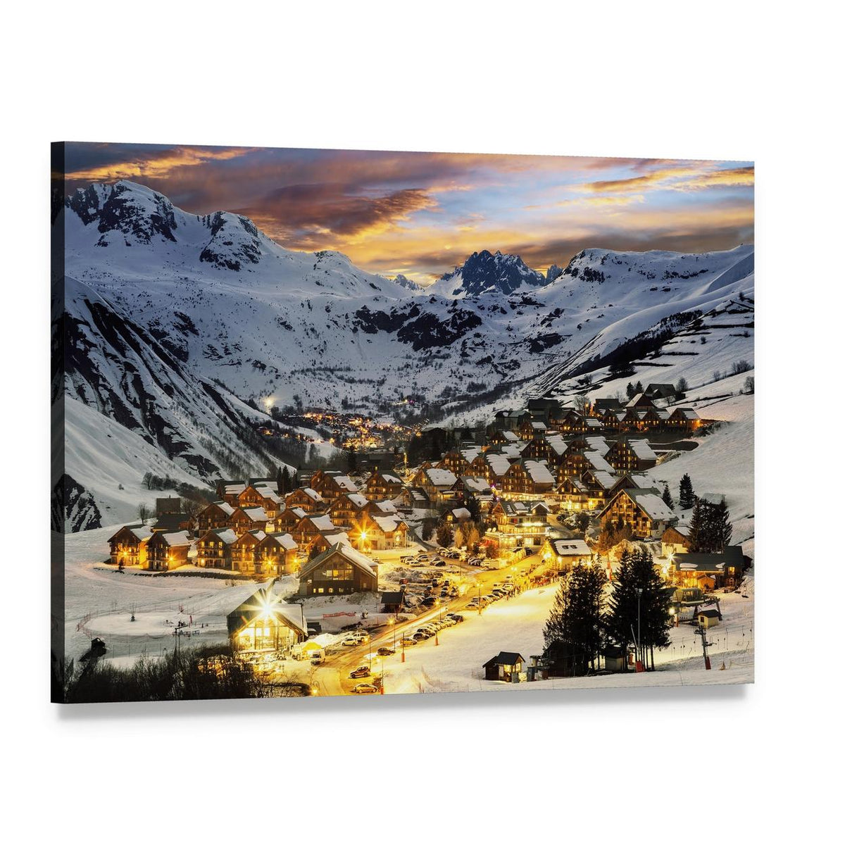 Evening Mountain Village at Winter Sunset Canvas Wall Art, single panel gallery wrapped canvas, angled product view