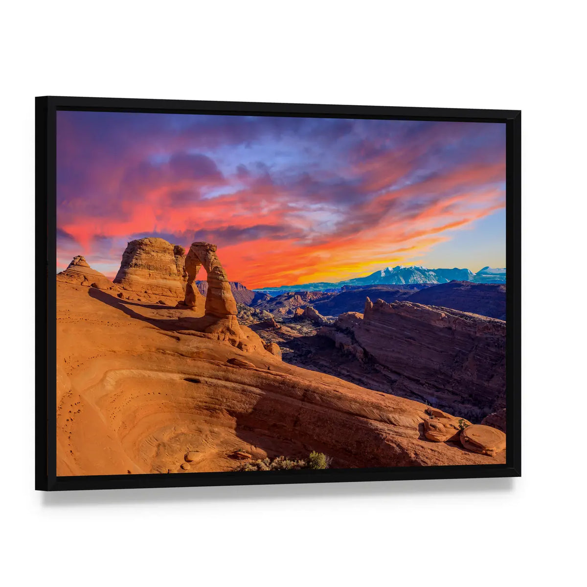 Sunset Over Delicate Arch, Arches National Park Canvas Wall Art, framed canvas in a black floater frame, angled product view