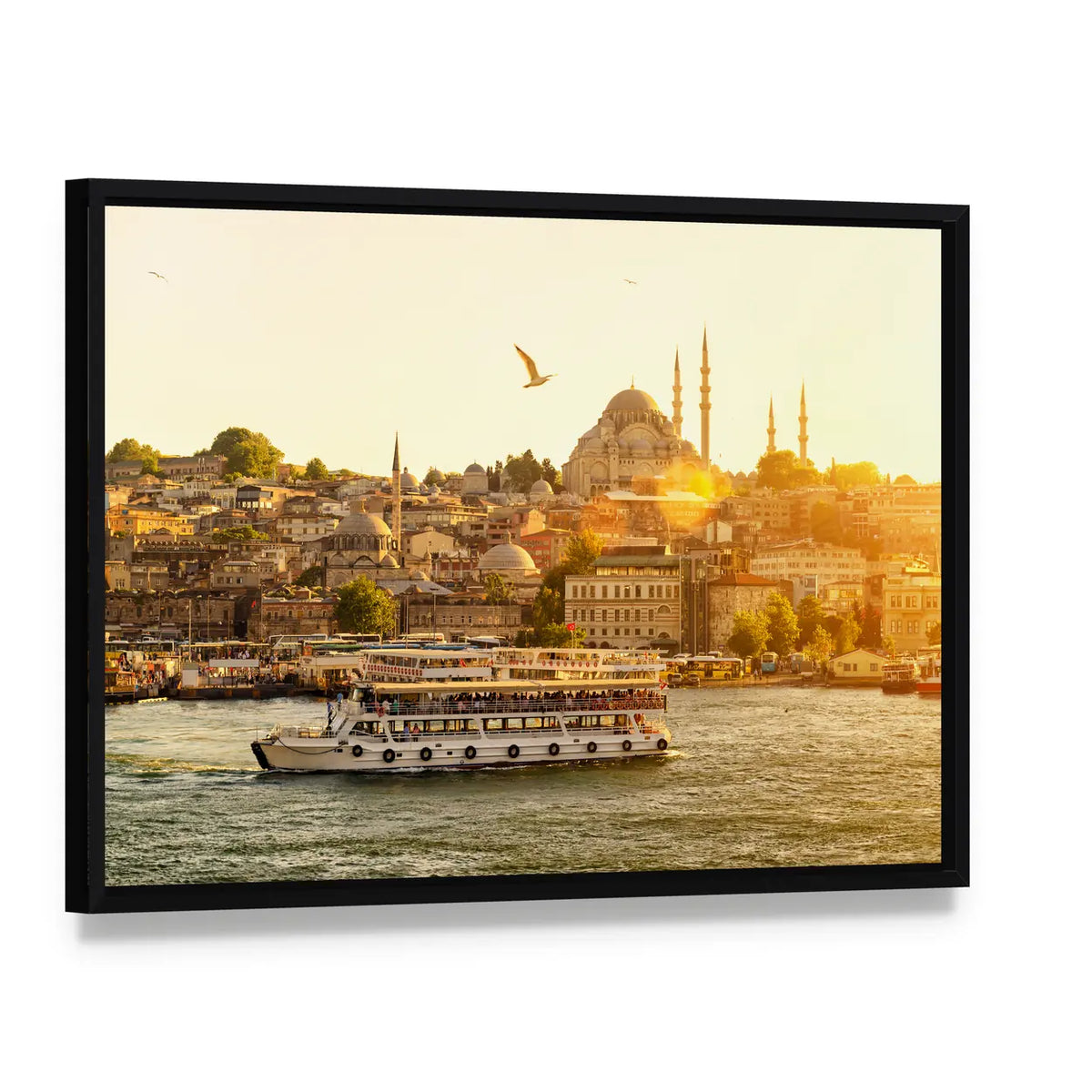 Istanbul at Sunset Canvas Wall Art, framed canvas in a black floater frame, angled product view
