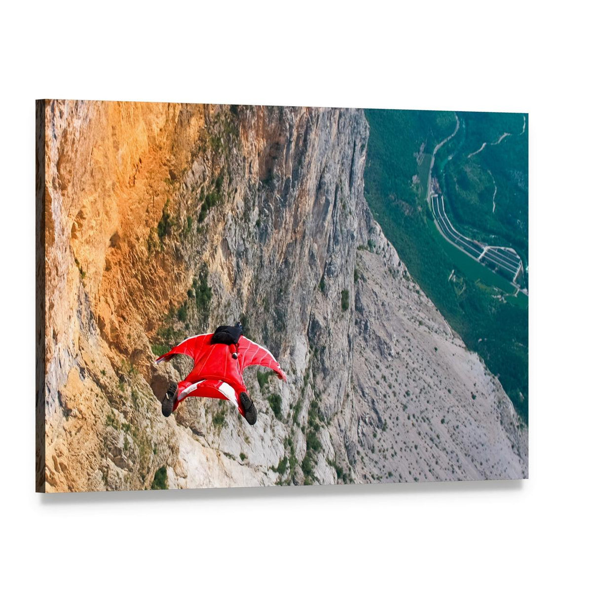 Wingsuit Flyer Jumping from Mountain Cliff Canvas Wall Art, single panel gallery wrapped canvas, angled product view