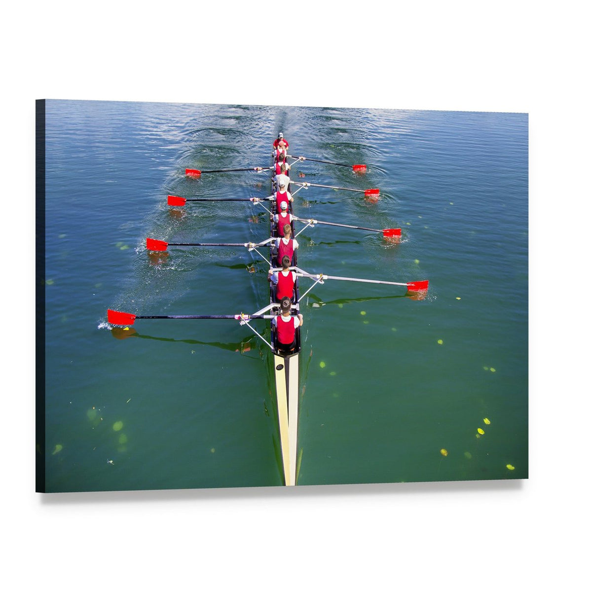 Eight Rowers Competing on Blue Water Canvas Wall Art, single panel gallery wrapped canvas, angled product view