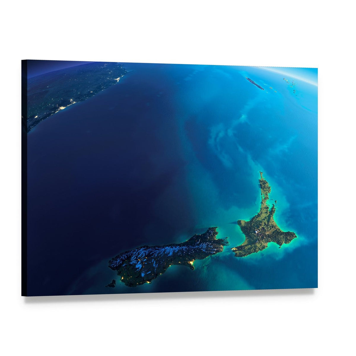 New Zealand from Space Canvas Wall Art, single panel gallery wrapped canvas, angled product view