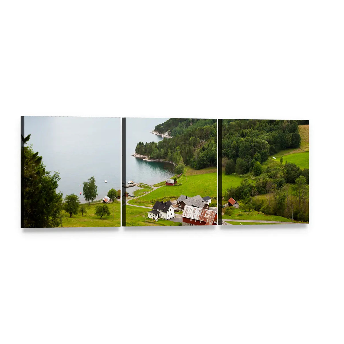 Norwegian Countryside Farm and Fjord Panoramic Canvas Wall Art, 3 panel 3 Piece layout gallery wrapped canvas set, angled product view
