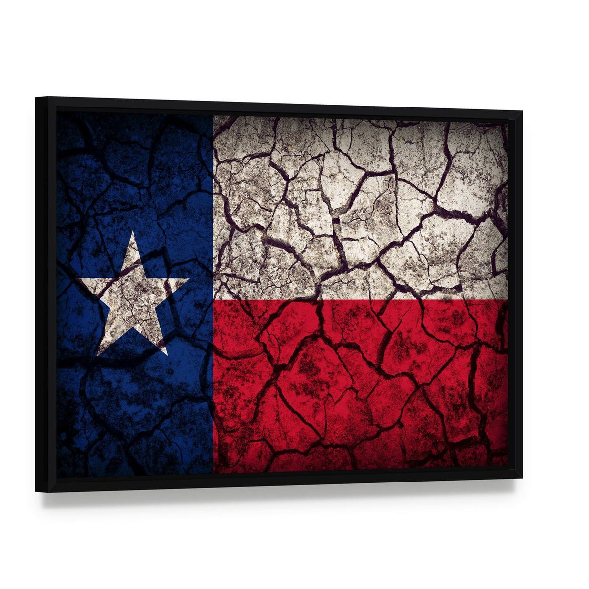 Weathered Texas Flag with Cracked Texture Canvas Wall Art, framed canvas in a black floater frame, angled product view