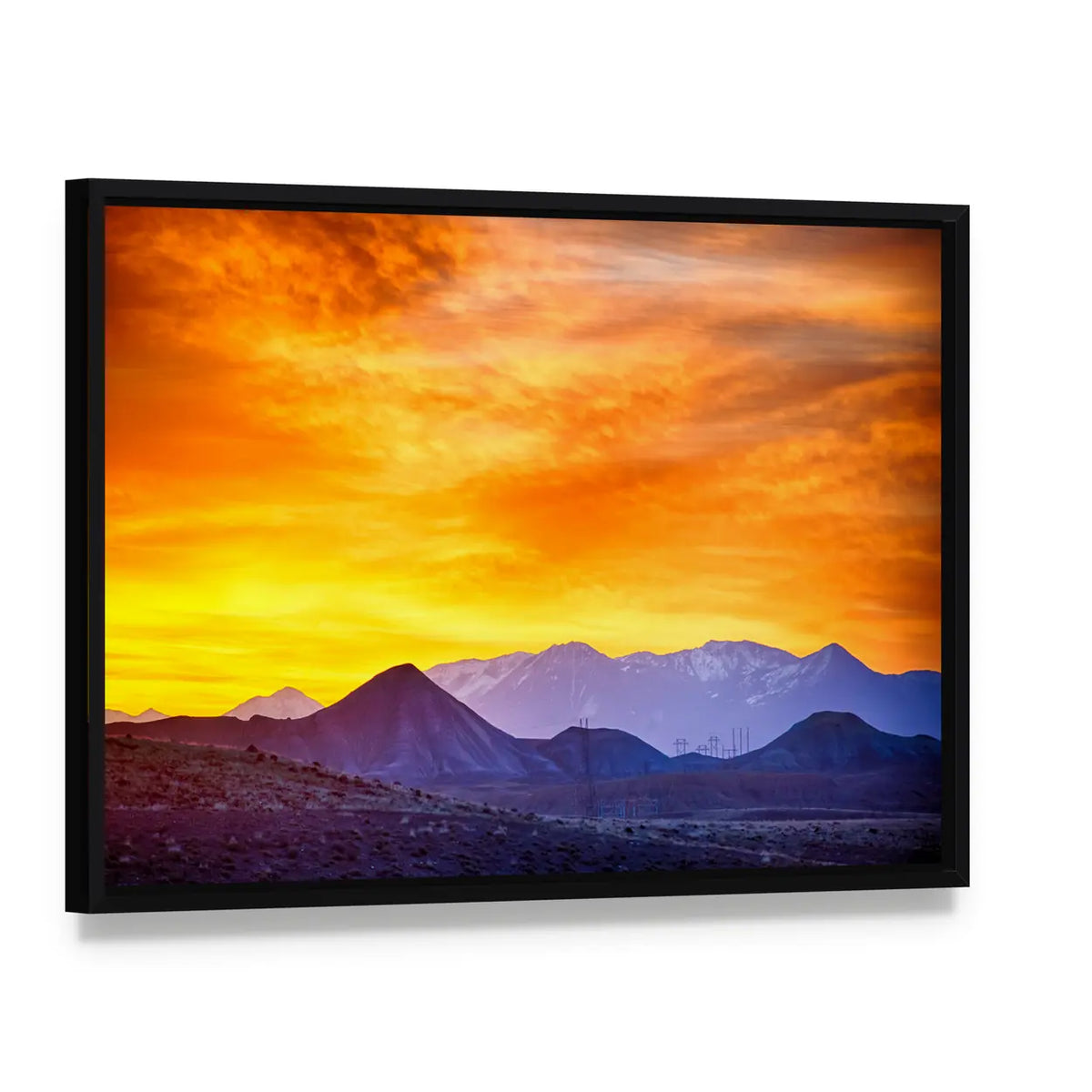 Sunrise Over Rocky Mountains Canvas Wall Art, framed canvas in a black floater frame, angled product view