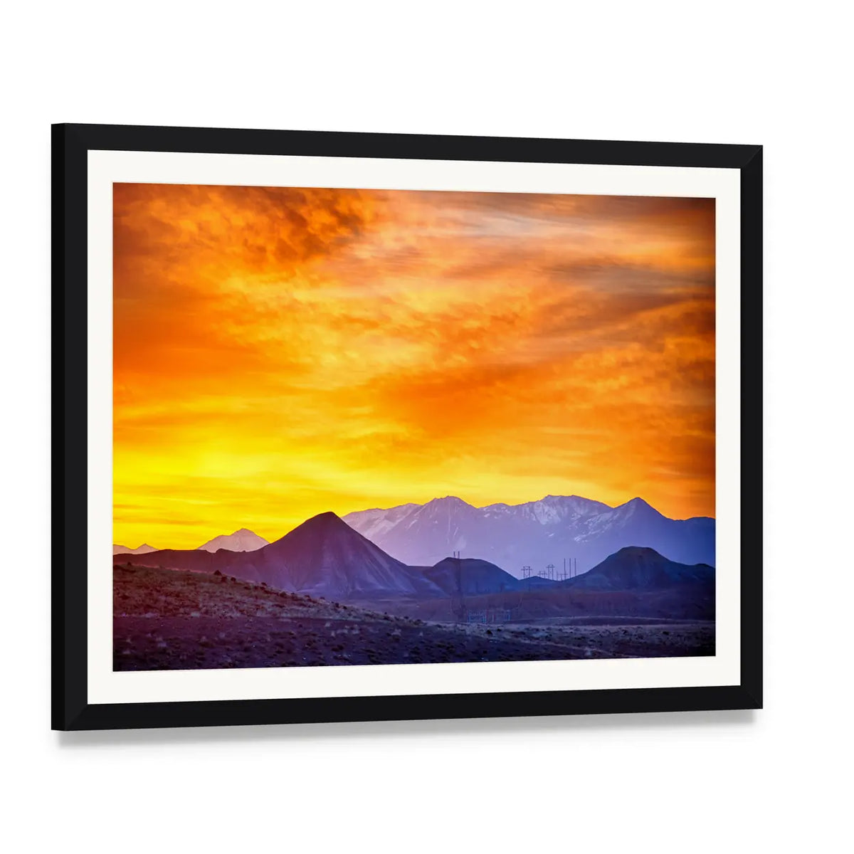 Sunrise Over Rocky Mountains Canvas Wall Art, framed print with white mat and black frame, angled product view