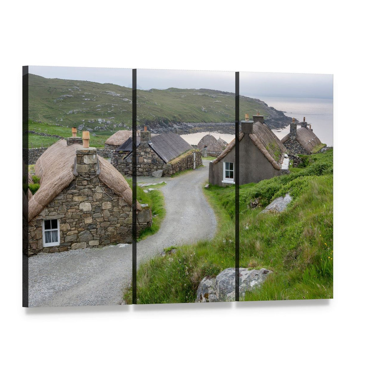 Village of Ancient Blackhouses Canvas Wall Art, 3 panel 3 Horizontal layout gallery wrapped canvas set, angled product view
