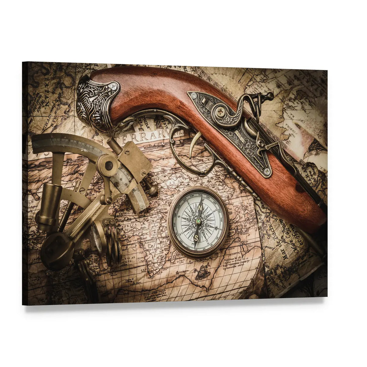 Vintage Nautical Still Life with Compass, Sextant, Spyglass Canvas Wall Art, single panel gallery wrapped canvas, angled product view