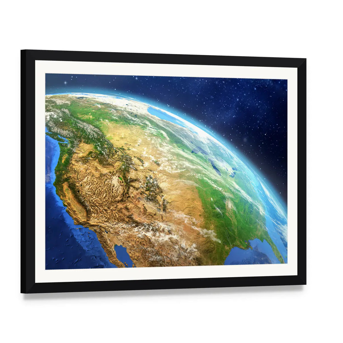Earth from Space Illustration Canvas Wall Art, framed print with white mat and black frame, angled product view