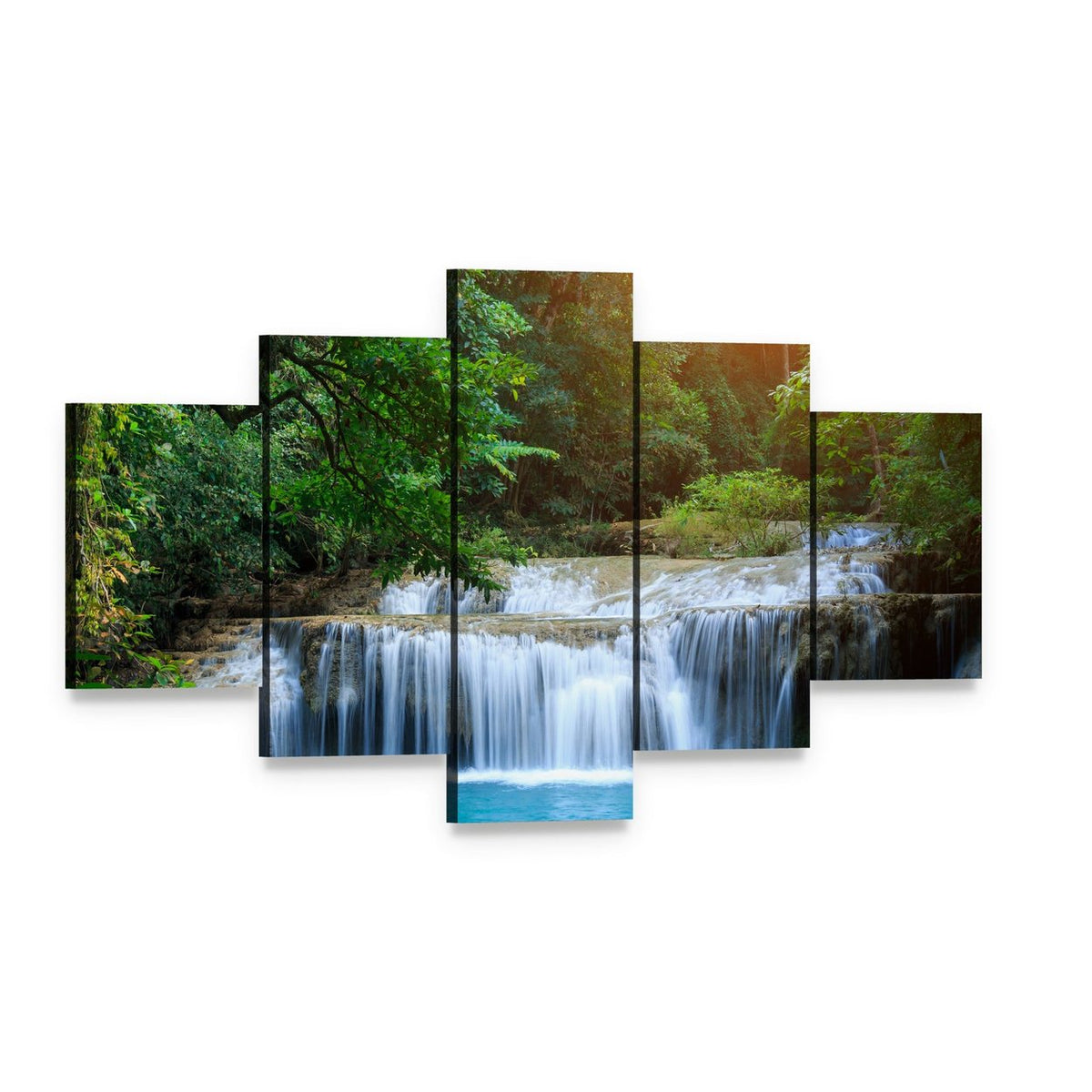 Stream in Green Forest Canvas Wall Art, 5 panel 5 Star layout gallery wrapped canvas set, angled product view