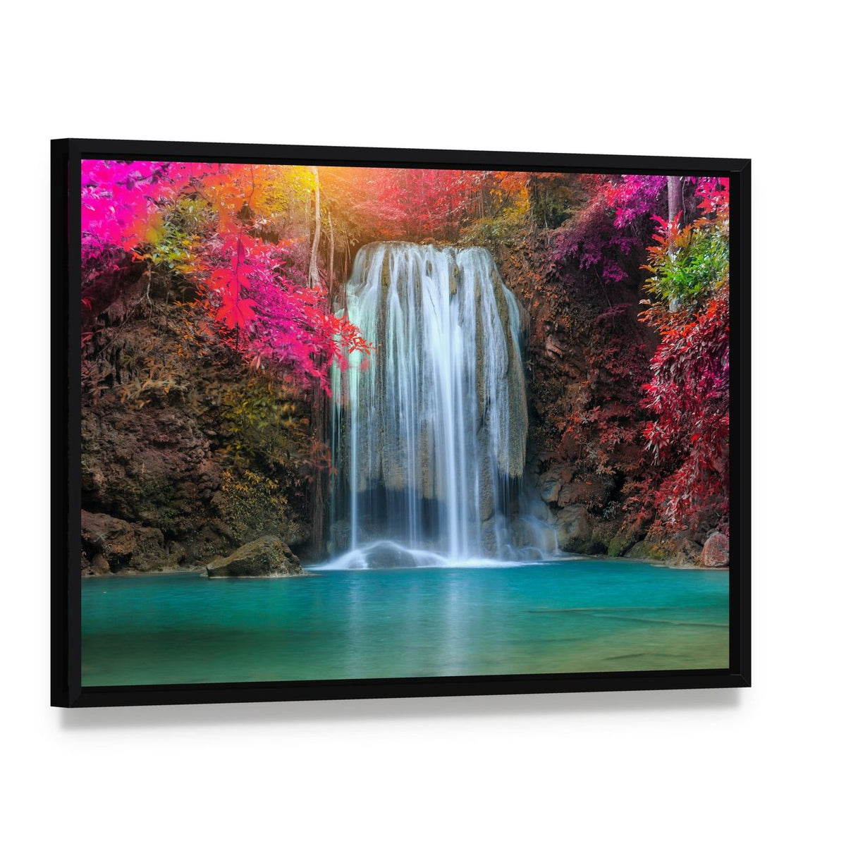 Waterfall at Colorful Place Canvas Wall Art, framed canvas in a black floater frame, angled product view