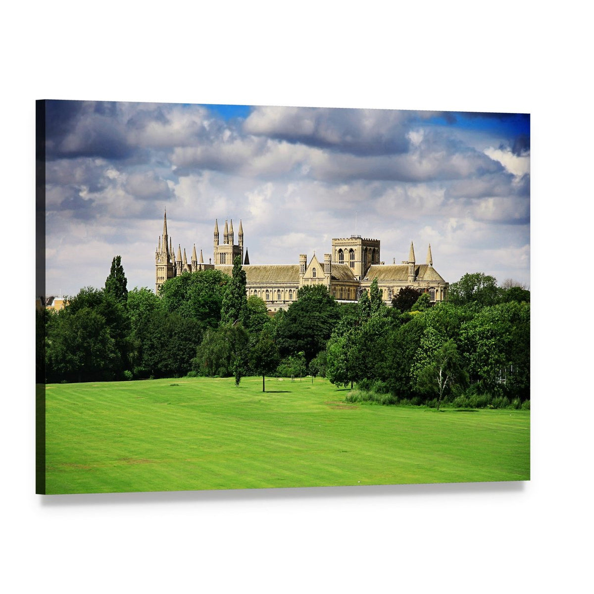English Cathedral on Green Lawn Canvas Wall Art, single panel gallery wrapped canvas, angled product view