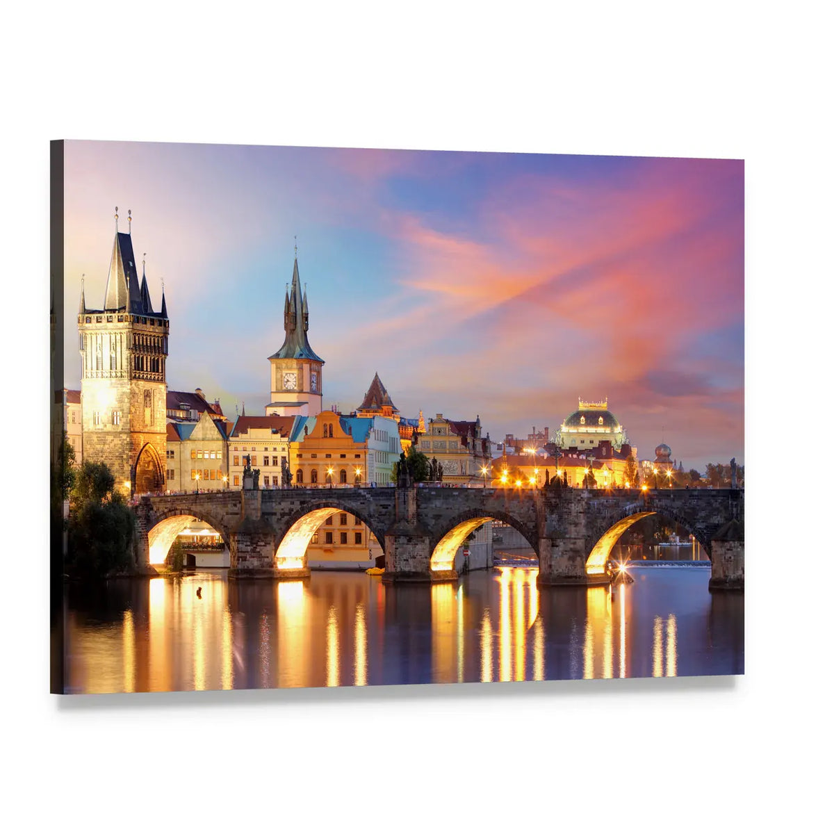 Charles Bridge at Night Canvas Wall Art, single panel gallery wrapped canvas, angled product view