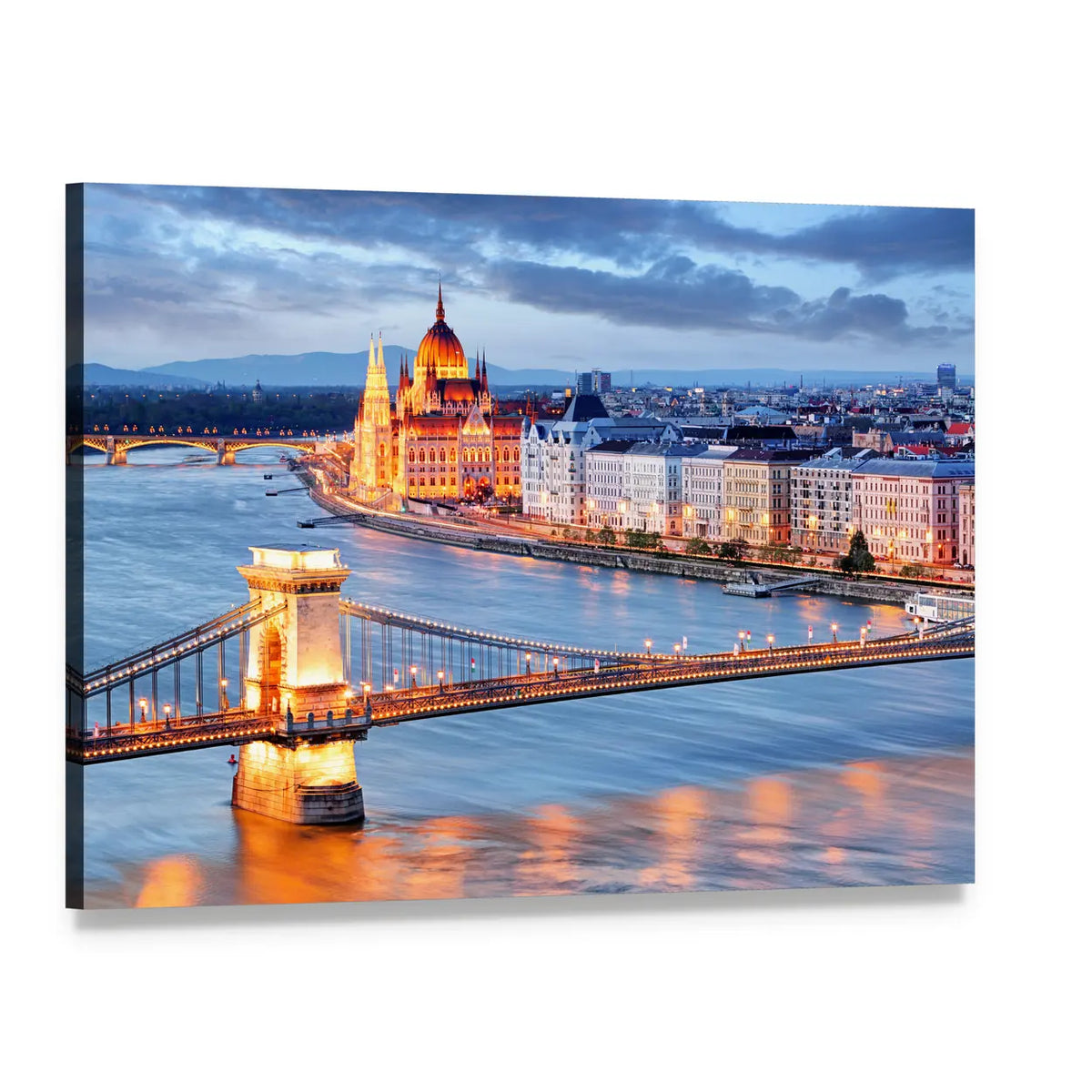 Budapest Chain Bridge at Dusk Canvas Wall Art, single panel gallery wrapped canvas, angled product view
