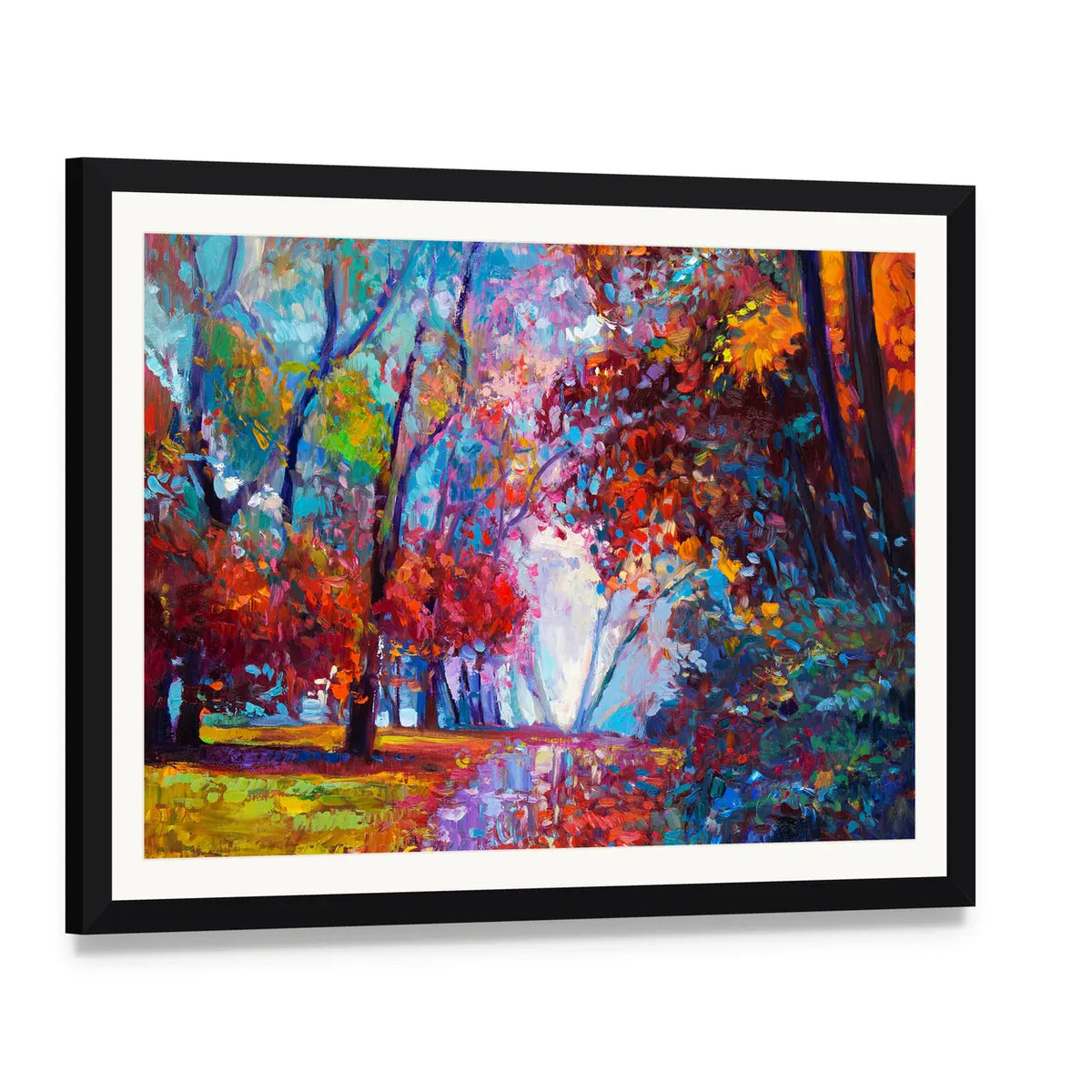 Autumn Forest Abstract Canvas Wall Art, framed print with white mat and black frame, angled product view