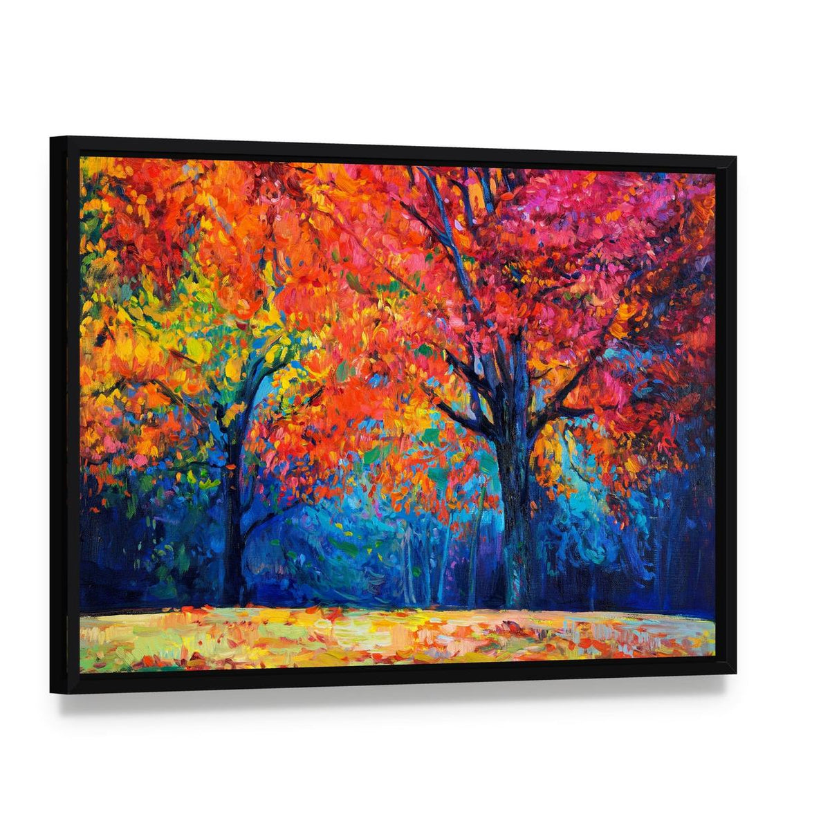 Vibrant Autumn Forest Trees Canvas Wall Art, framed canvas in a black floater frame, angled product view