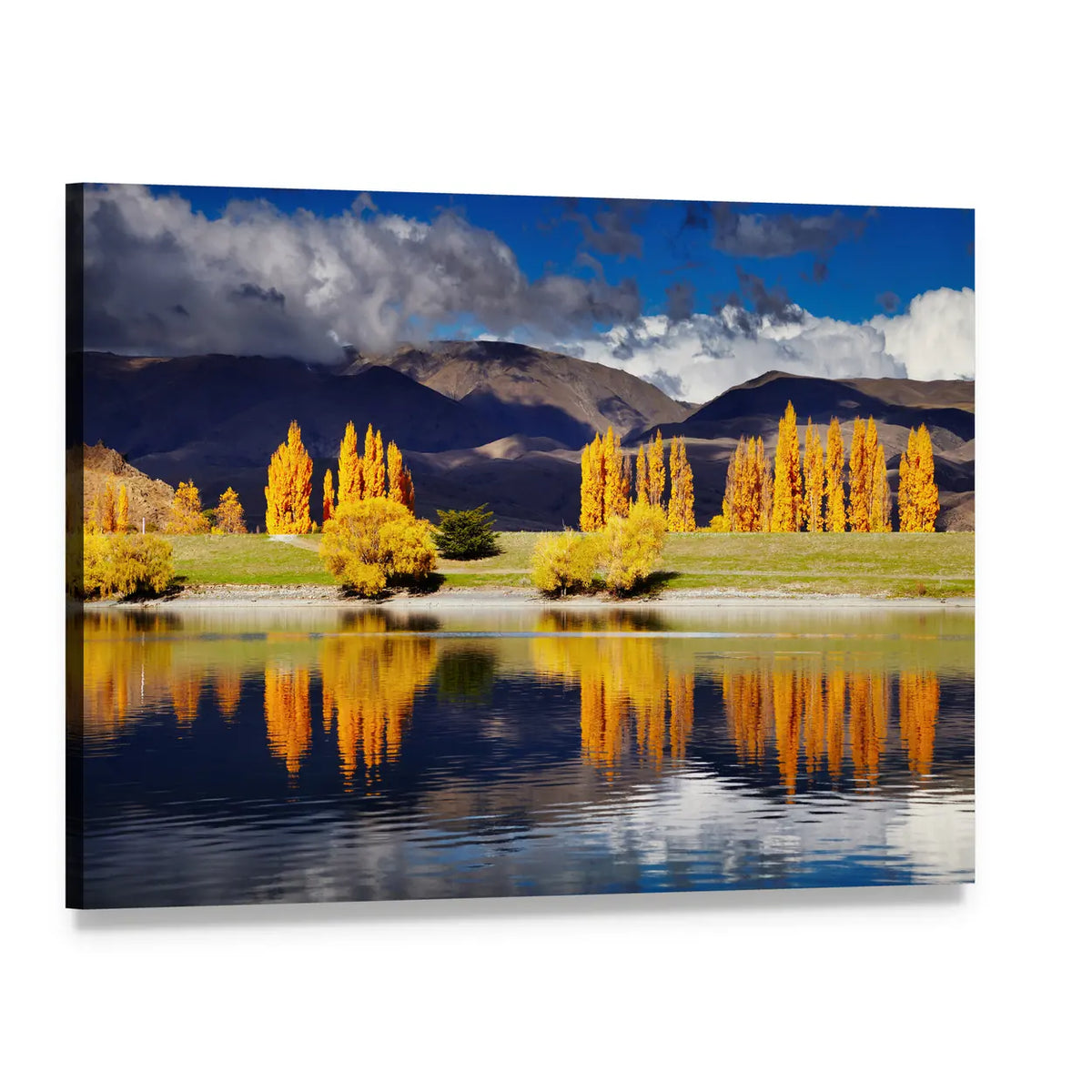 Autumn Lake with Yellow Trees and Mountains Canvas Wall Art, single panel gallery wrapped canvas, angled product view